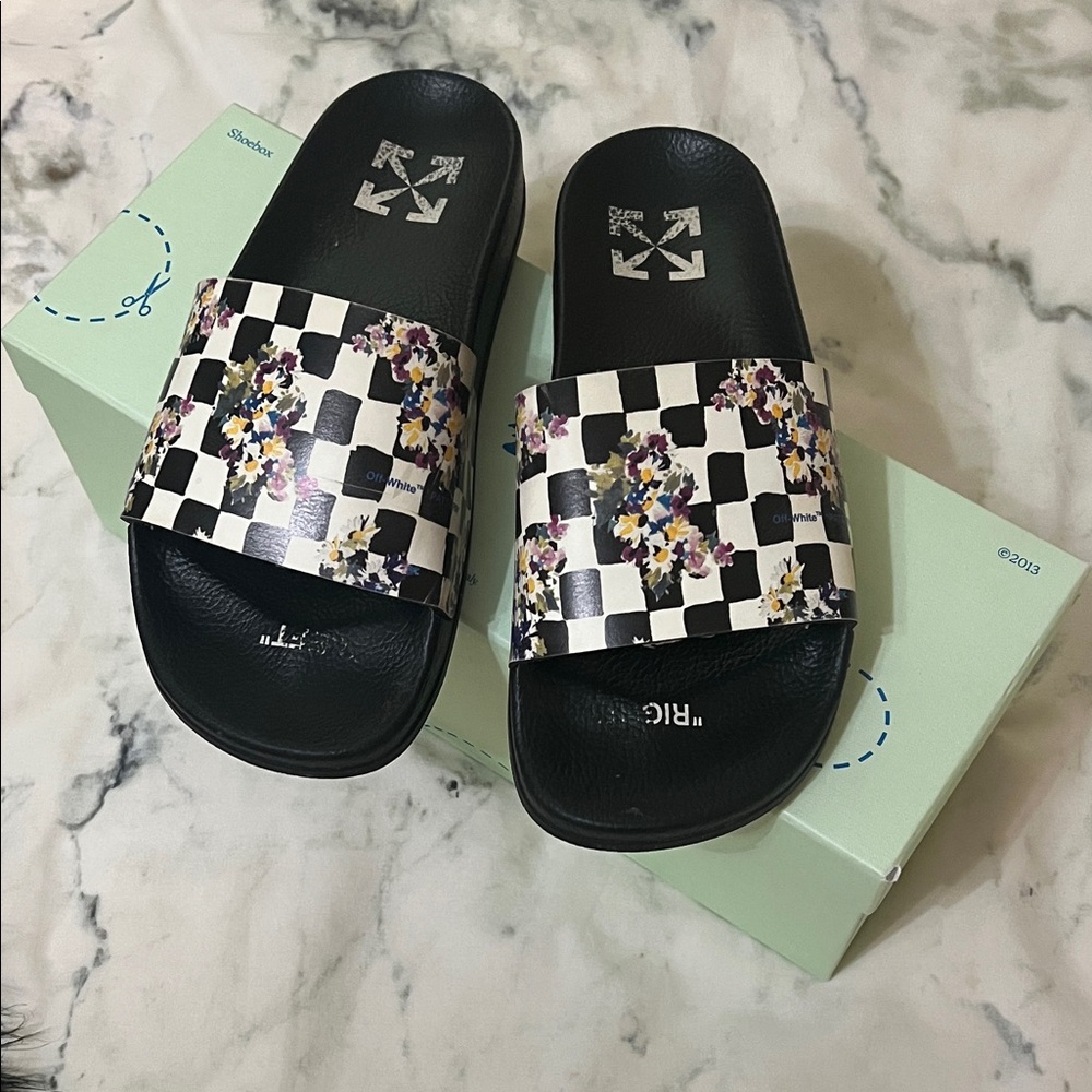 Off White Checkered Floral Slide Sandals